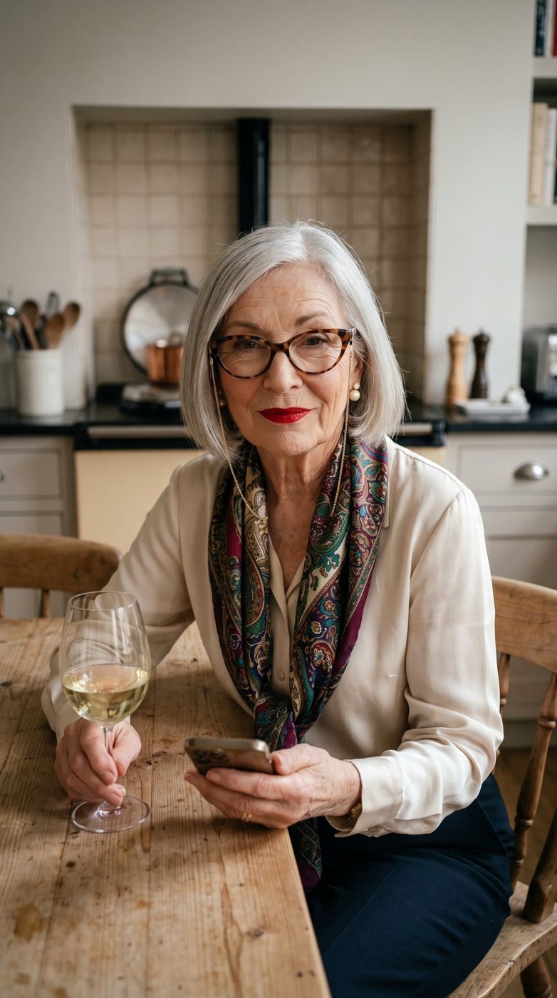 Pat at her kitchen table with a glass of wine and her phone